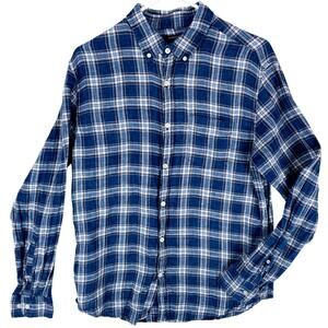 Banana Republic Linen Shirt Men's Medium Shirt Long Sleeve Plaid Blue White